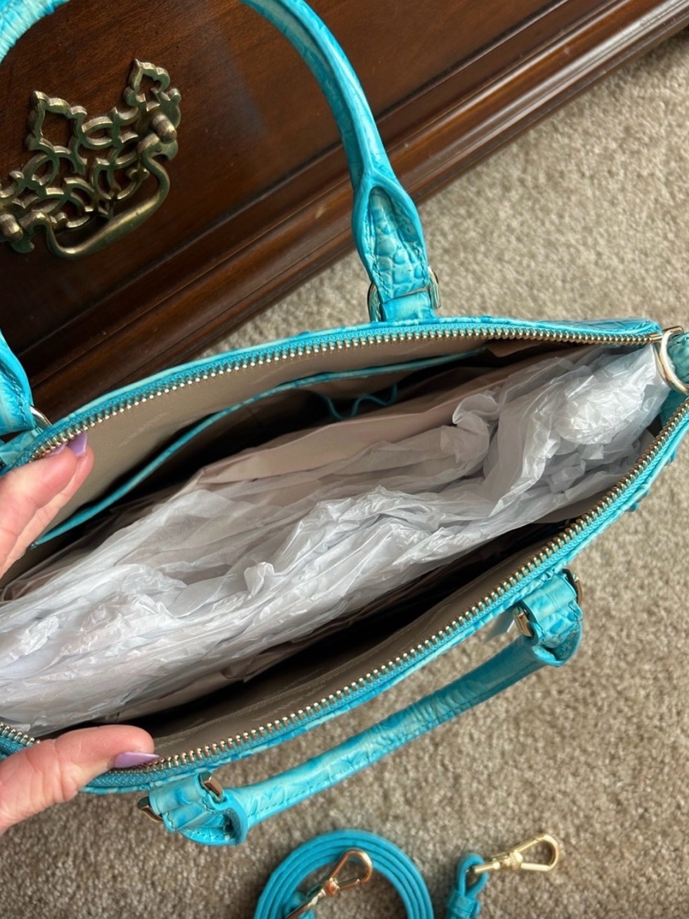 Brahmin Turquoise Croc-Embossed Satchel - Picture 4 of 4